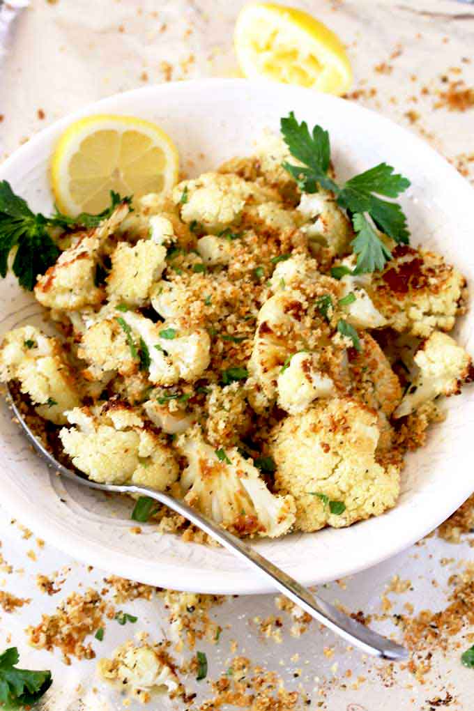 Roasted Parmesan Cauliflower in a white bowl.