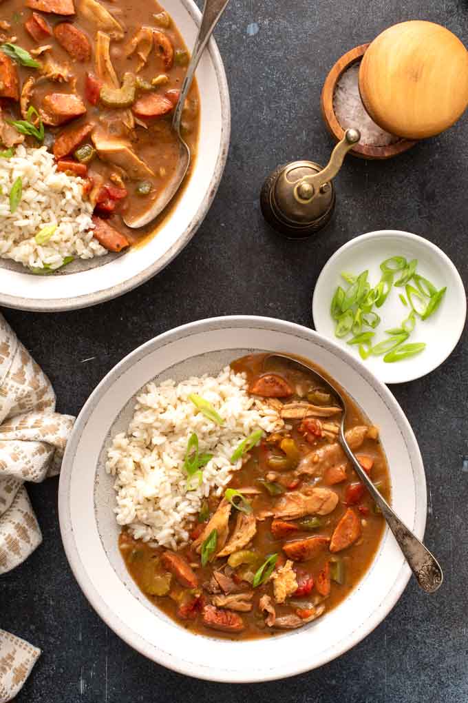 Hearty gumbo served in a bowl