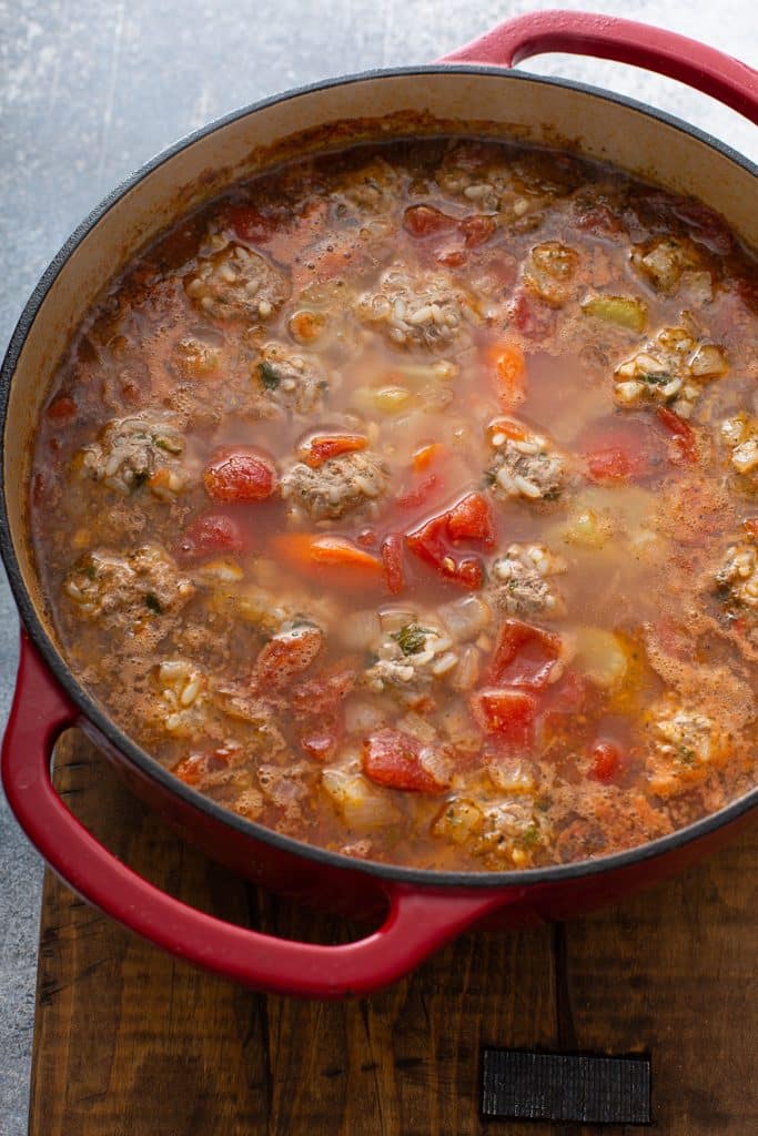 meatballs soup in a dutch oven