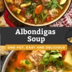 Pin image of a pot filled with Mexican Albondigas Soup and a bowl of soup