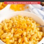 Pin image of a bowl of Instant Pot Mac and cheese