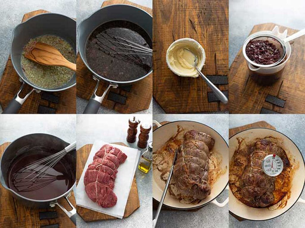 Collage of step by step photos on how to make Beef tenderloin roast with wine sauce