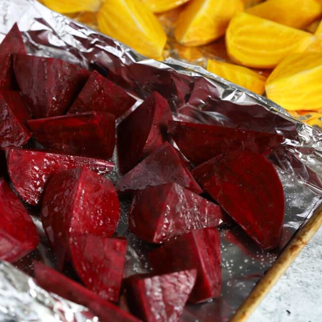 Cut beets on a sheet pan