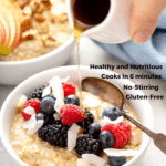 Pin image of a bowl of IP steel cut oatmeal topped with fruit