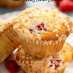 Pin image of raspberry muffins stacked on a plate