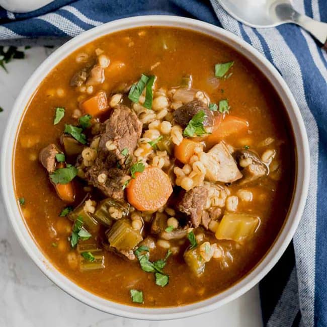 A bowl of Instant Pot beef and barley soup