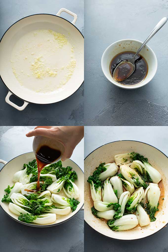 Collage photos of the step by step process on how to make stir fried bok choy. 