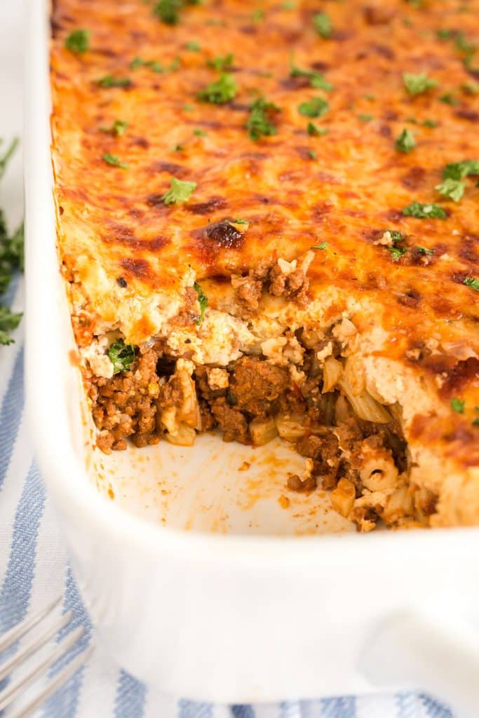 Greek pasta bake in a baking dish