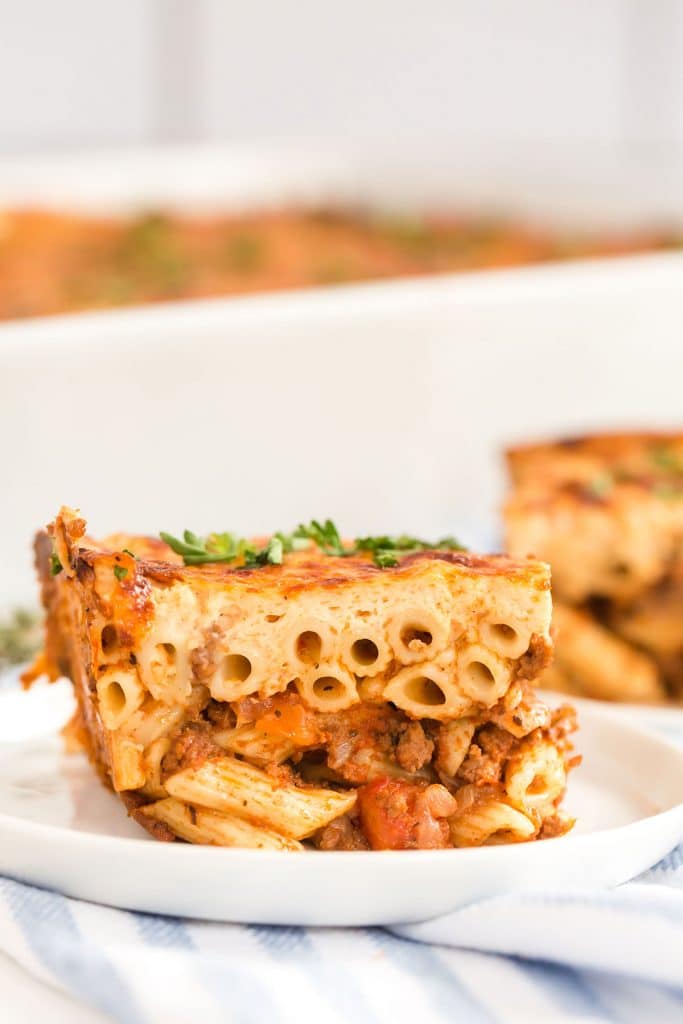 Side view of a piece of pastitsio