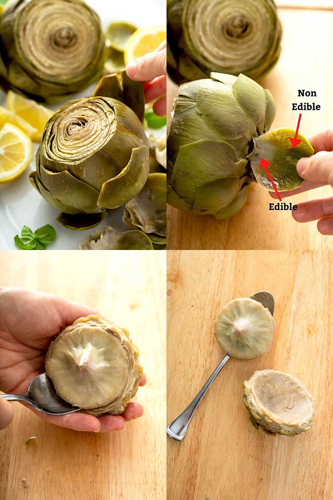 step by step Image on how to eat an artichoke from the leaved to the heart