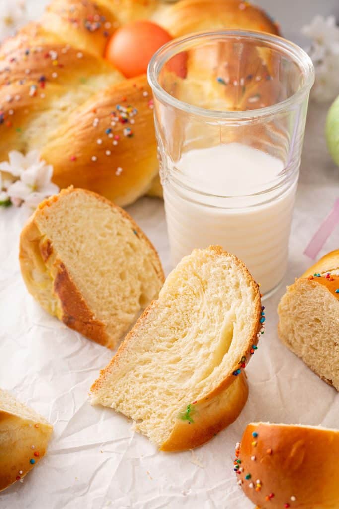 slices of sweet easter bread next to a glass of milk