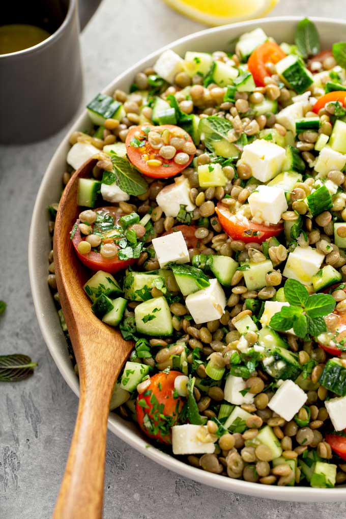 Lentil salad on a white bowl