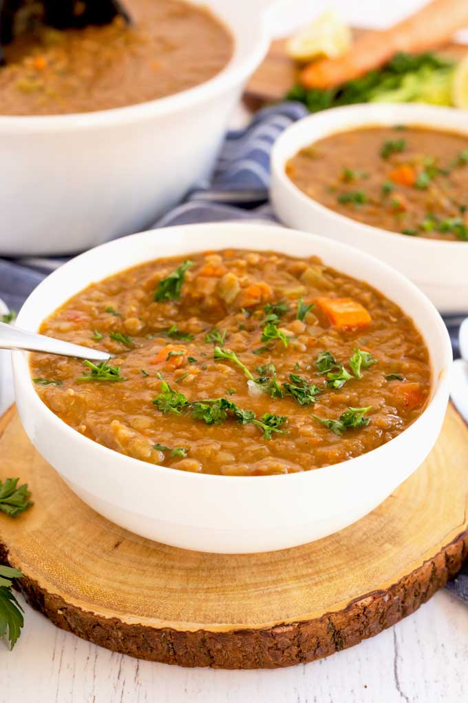 A white bowl of lentil soup recipe