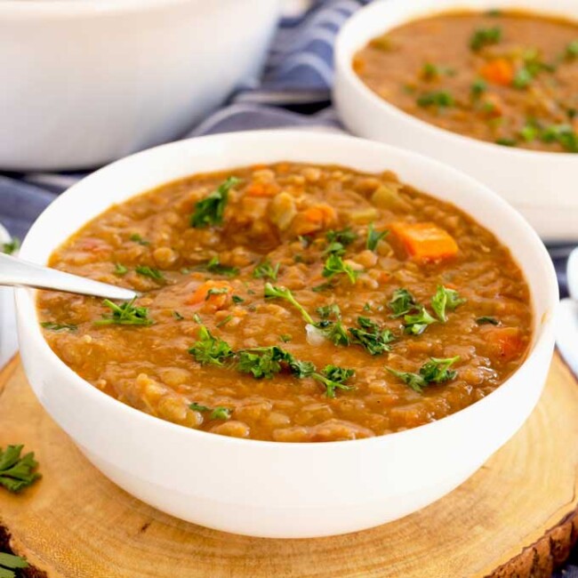 lentil soup in a white bowl