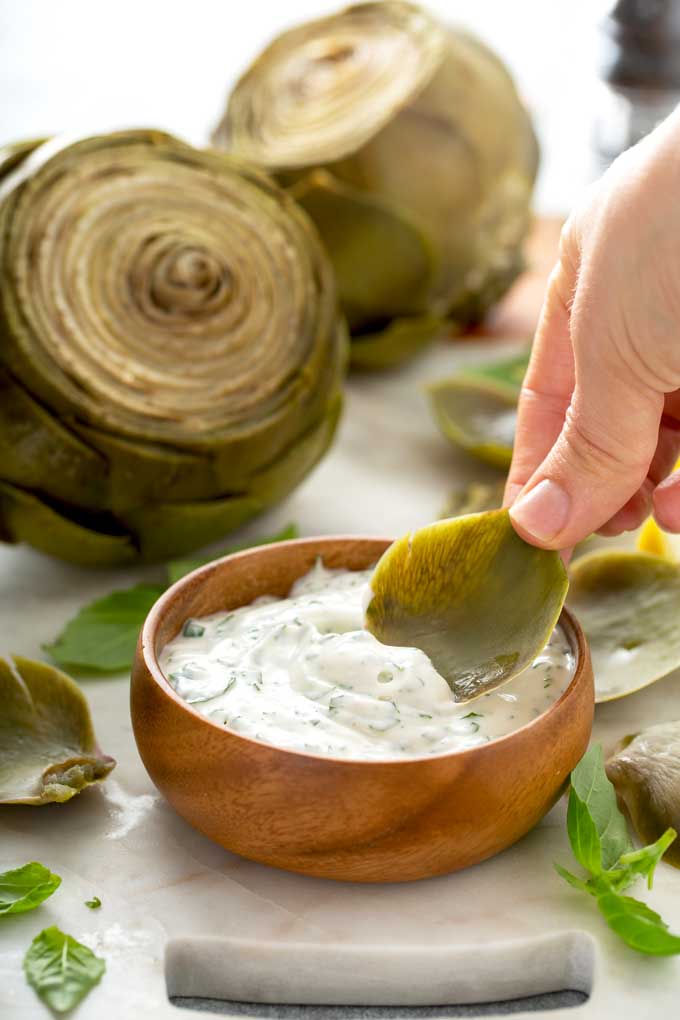 Artichoke leave getting dipped in sauce