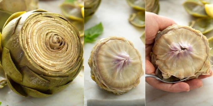Photo collage of whole artichoke globe, inner tender leaves, removing the choke with a spoon photo