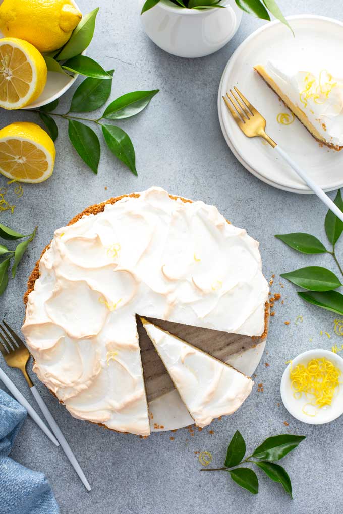 Top view of sliced lemon meringue pie