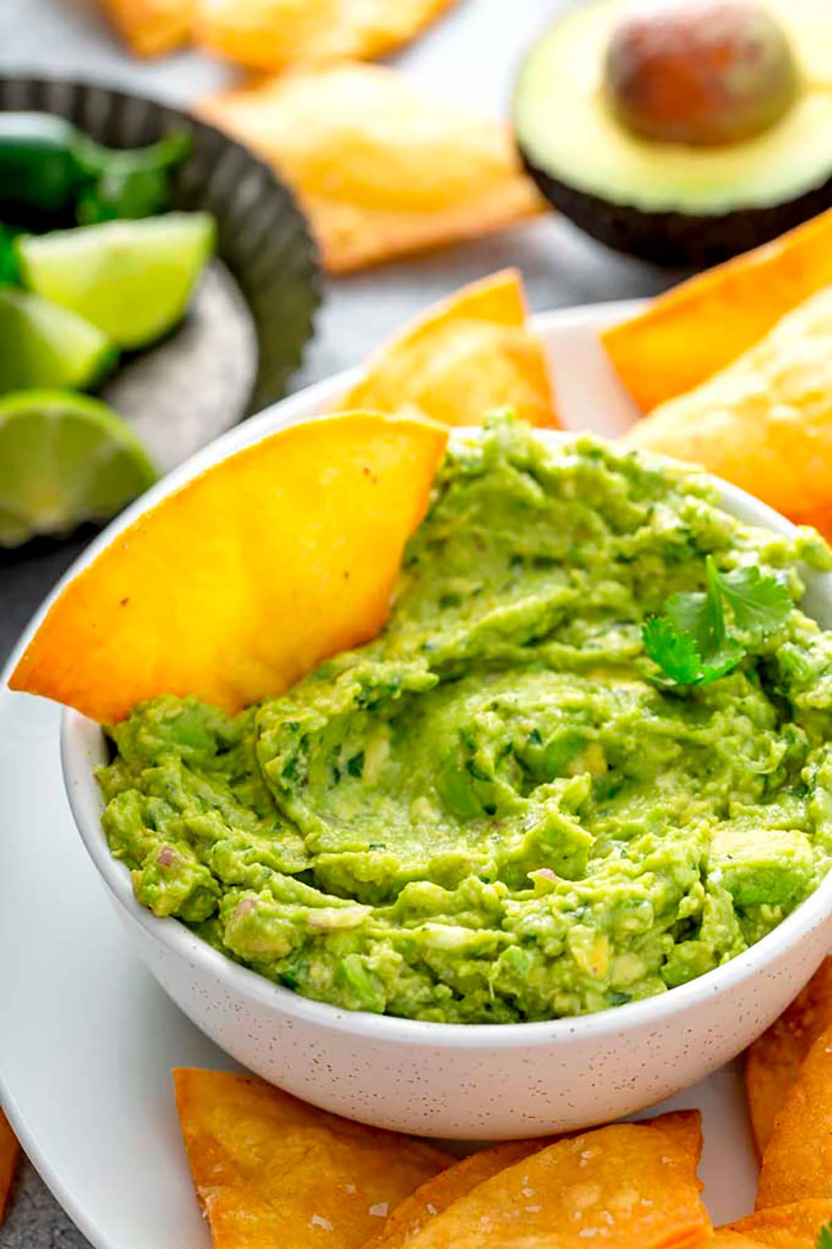 A crispy tortilla chip on a bowl of fresh homemade guacamole.