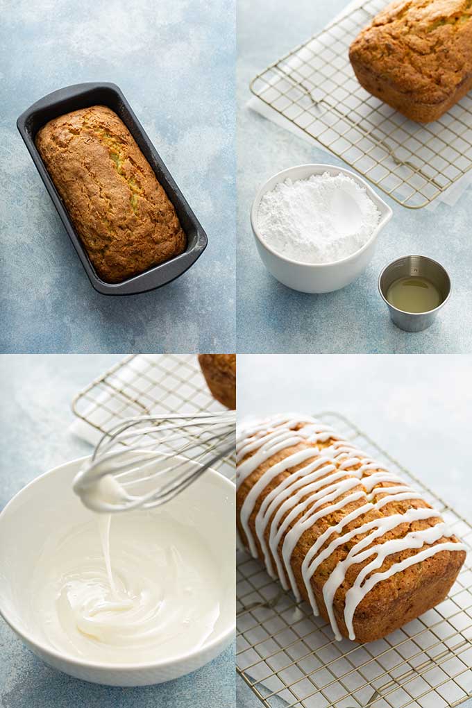 Baked loaf of lemon zucchini bread and glaze being made and drizzled on loaf of bread.