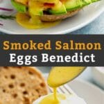 Pin image of smoked salmon eggs Benedict served over sliced avocado