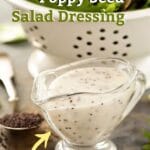 Salad dressing with lemon and poppy seeds on a brownish counter
