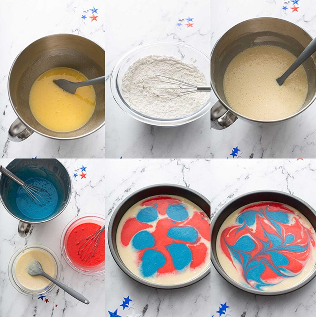 Step by step images on how to make tie dye Patriotic marbled layered vanilla cake