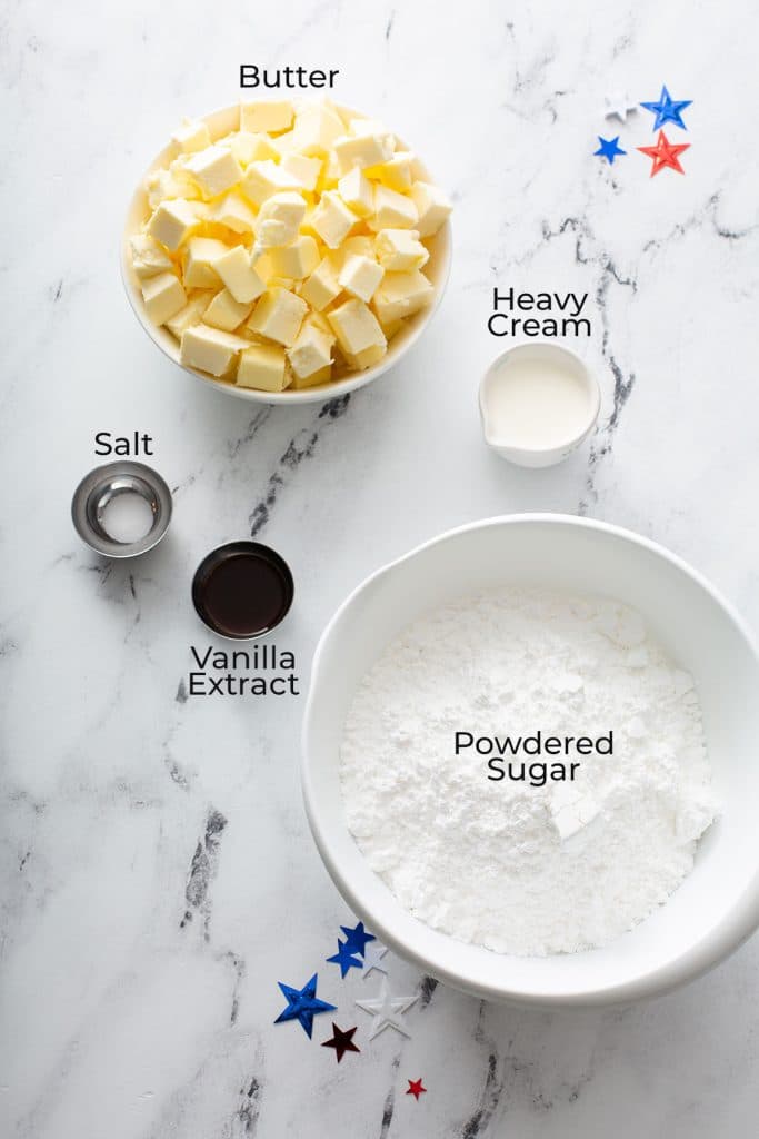 Ingredients to make Buttermilk Frosting for the Red White and Blue Marbled Layered Cake 