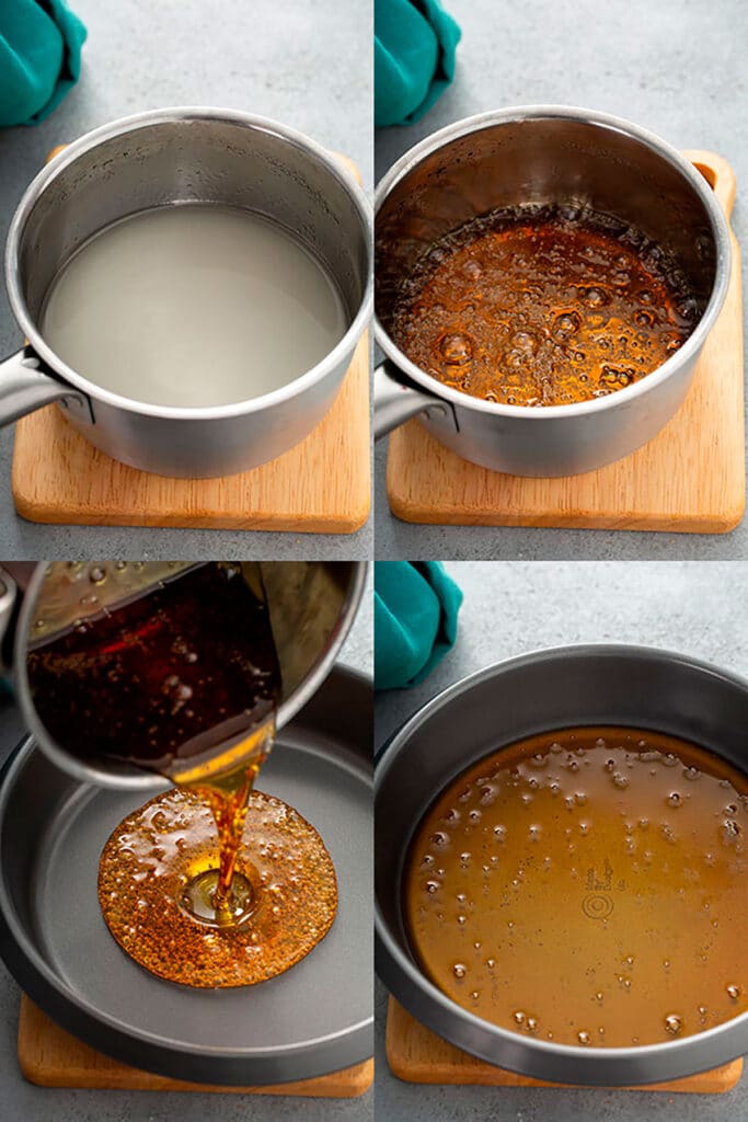 step by step process on how to make caramel for Spanish Flan