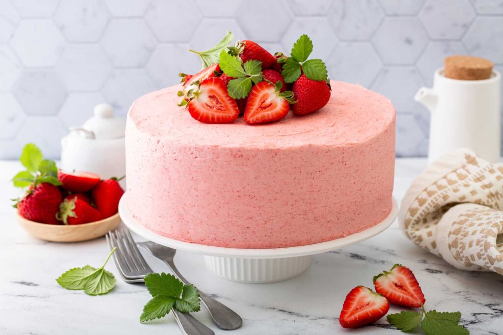 Frosted Fresh Strawberry Cake on a cake platter