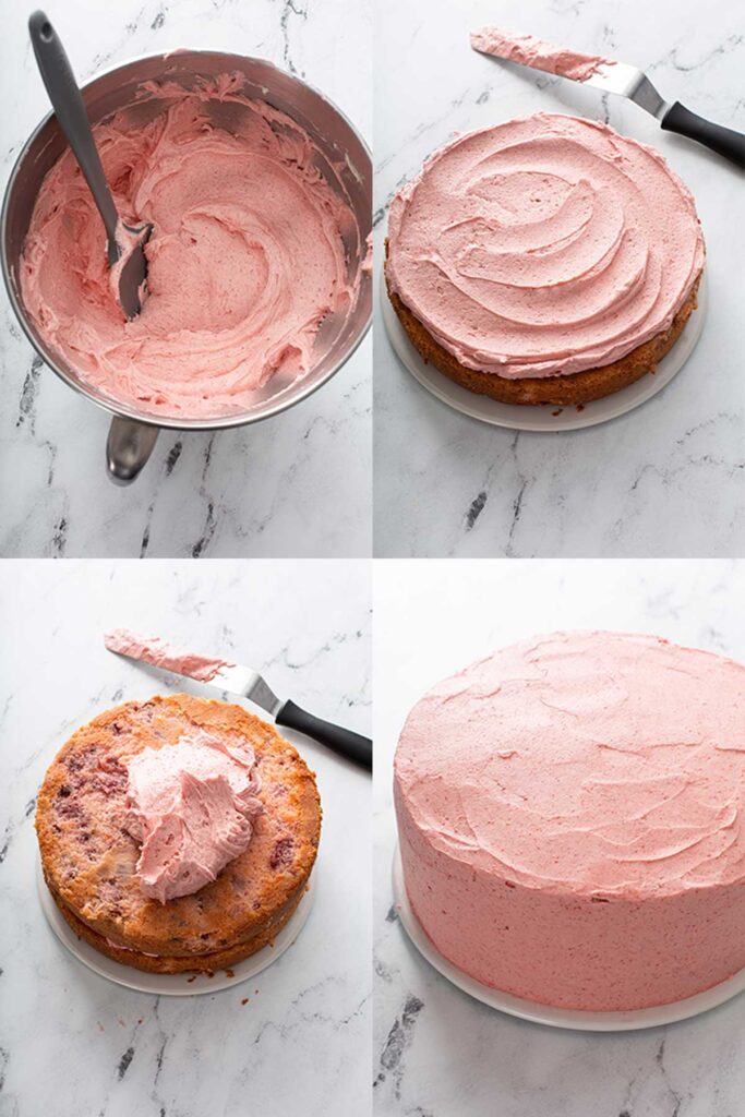 Step by step photos showing how to frost a strawberry cake with buttercream