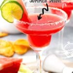 Pin image of glasses filled with watermelon margarita with lime slices and a watermelon wedge