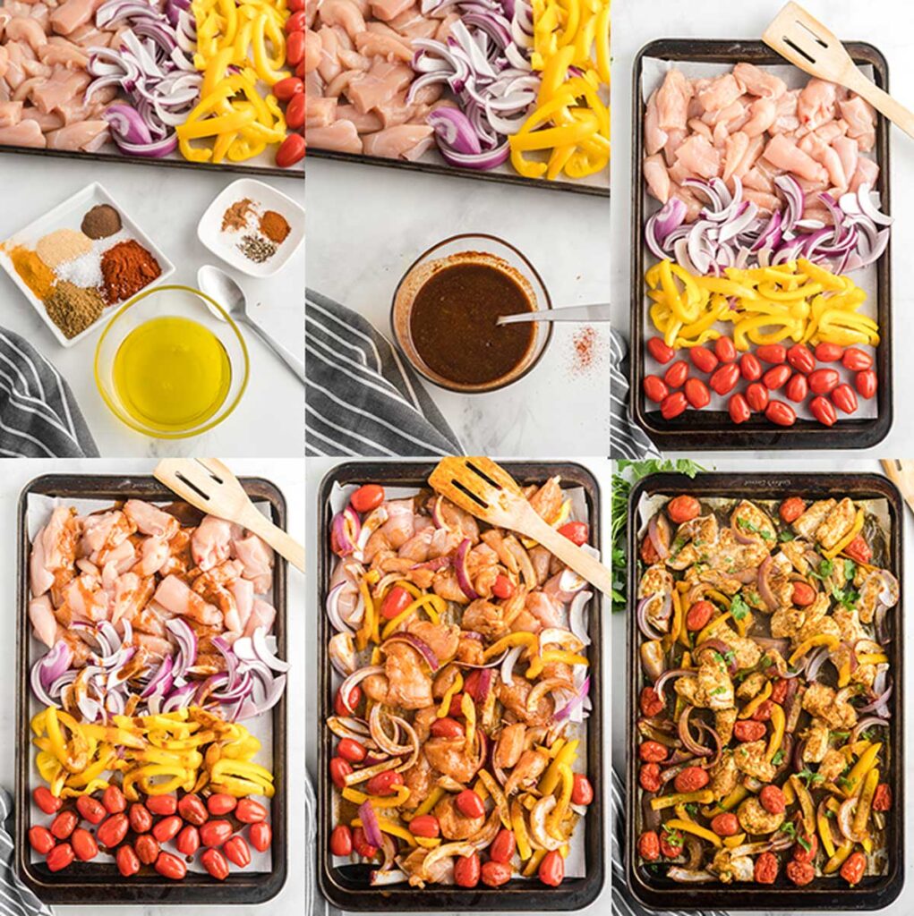 Step by step photos on how to make chicken shawarma and veggies on a baking sheet. From the seasoning mix to the end product