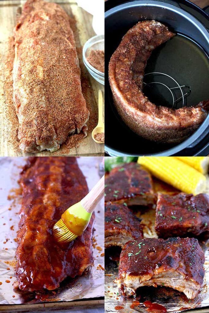 Collage of step by step photos on how to make ribs in the instant pot
