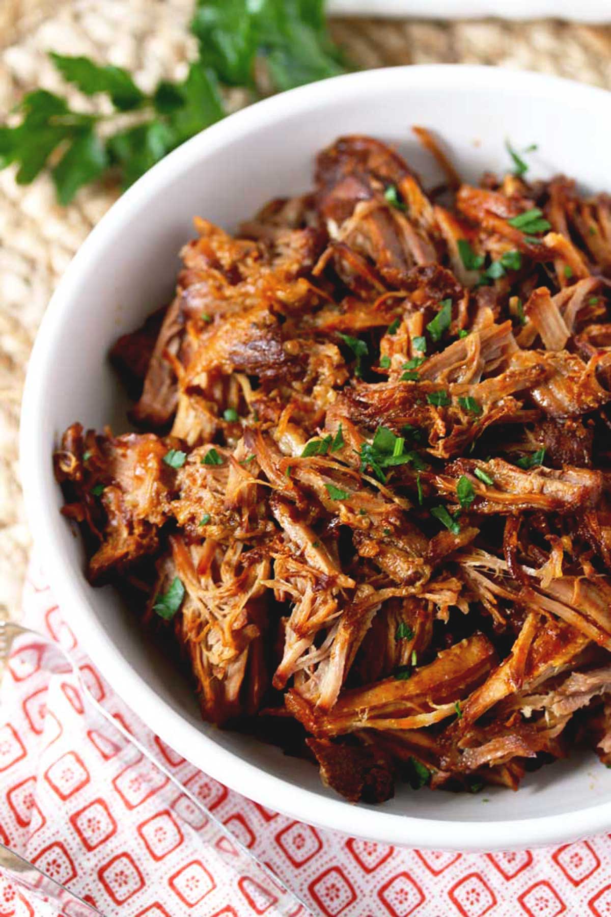 Pulled pork with BBQ sauce on a white bowl