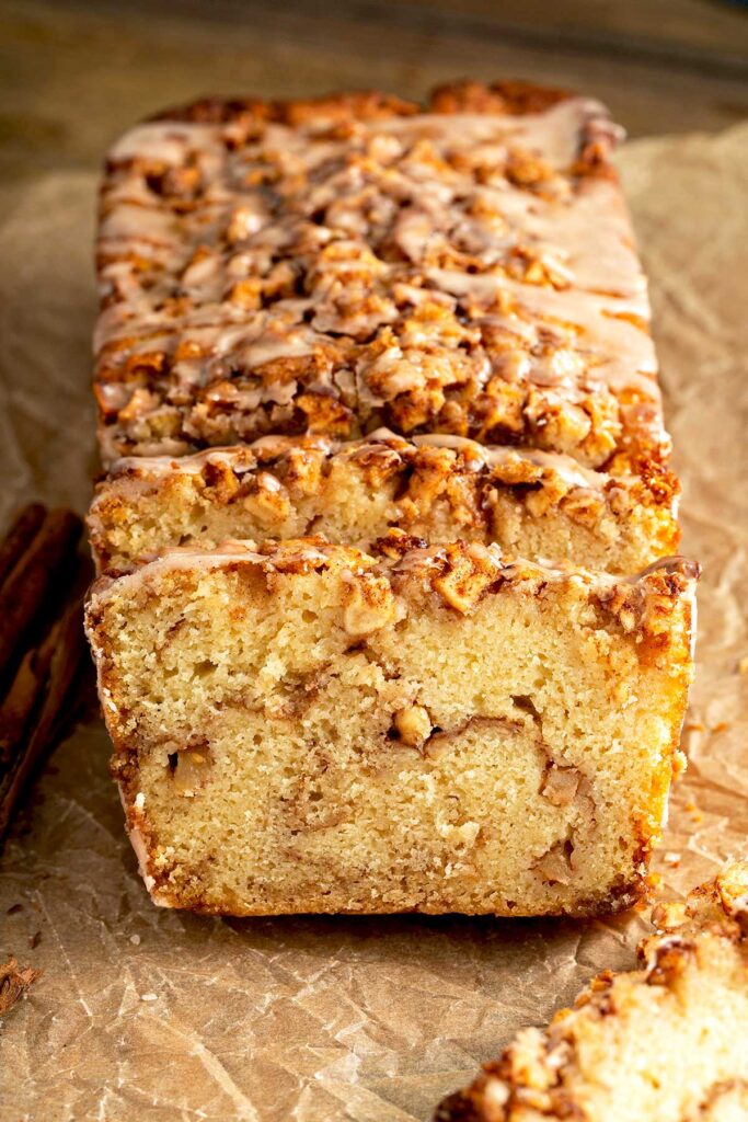 Quick bread with a brown sugar and apple streusel running through the middle of the bread.