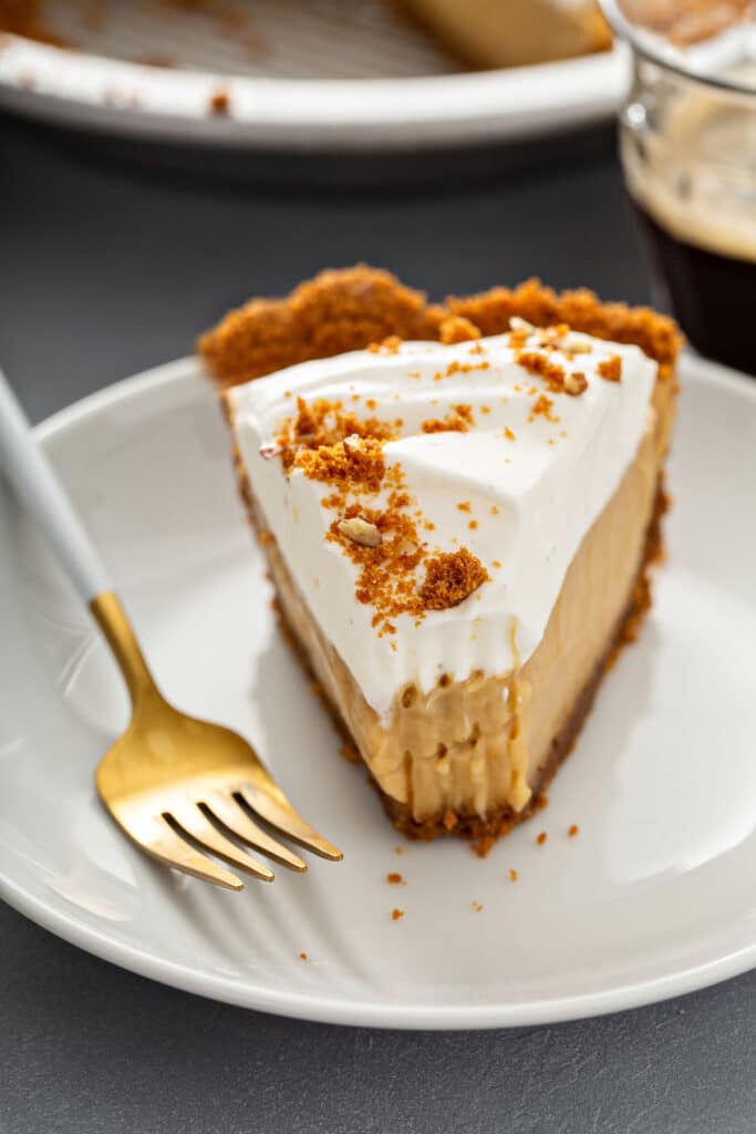 Sliced of silky and creamy butterscotch pie