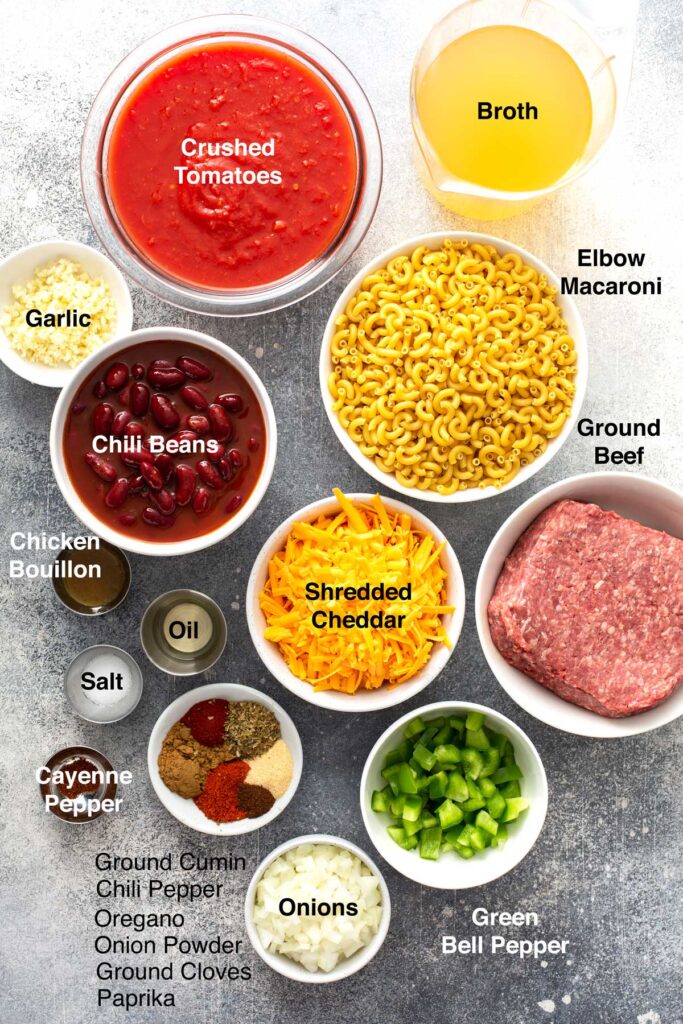 Ingredients to make the best Chili Mac recipe