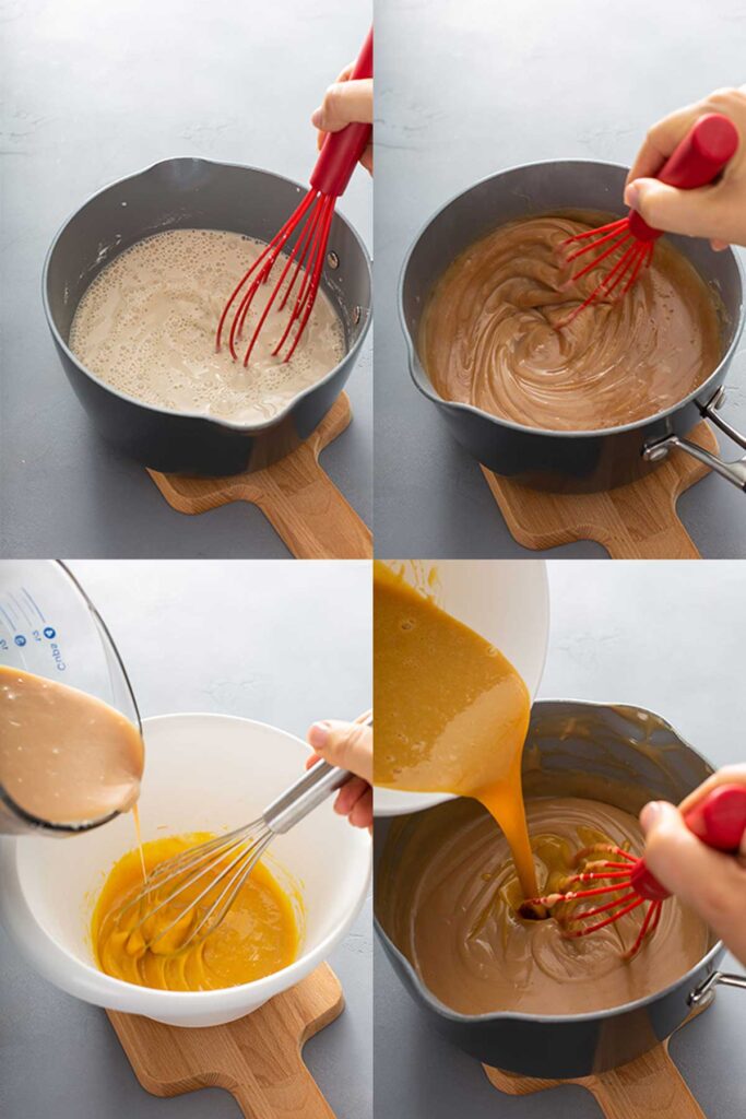 step by step photos on how to make butterscotch pie, tempering eggs and  mixing butterscotch pudding.