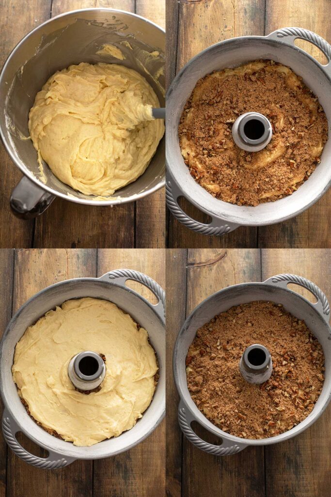 step by step photos on how to layer coffee cake in a baking tube pan