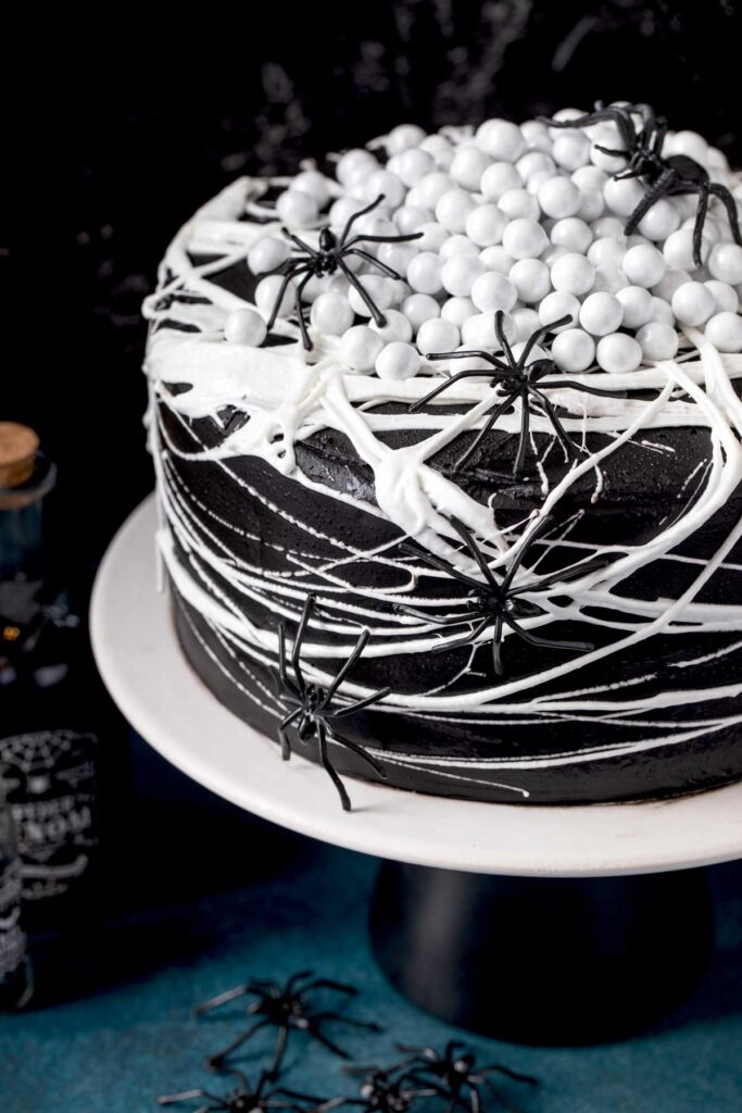 Finished black velvet cake with web and spiders