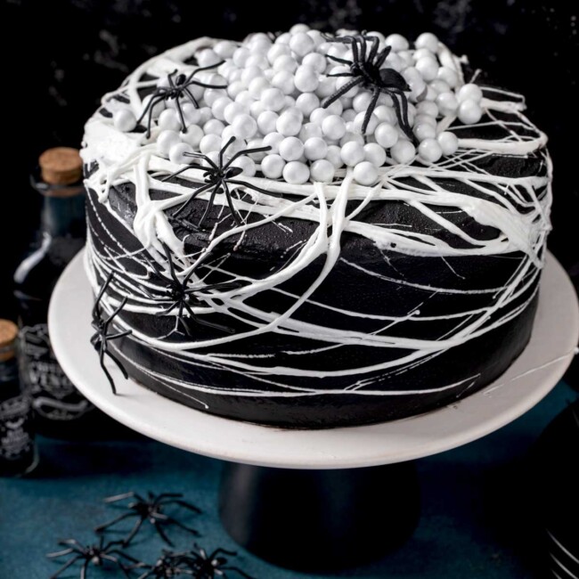 Black velvet cake on a cake platter