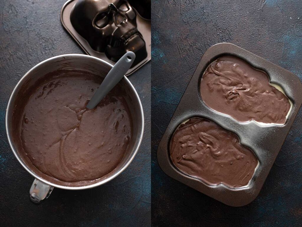 Images of chocolate cake batter in a mixer bowl and batter in a skull cake pan.