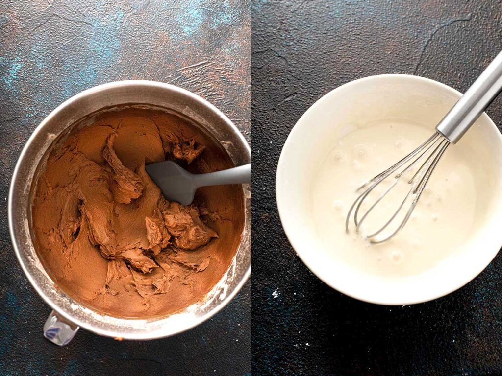 A collage of photos, in one there's a mixing bowl with chocolate buttercream and in the other there a bowl filled with vanilla glaze.