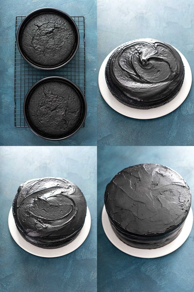 Collage of step by step photos on how to assemble this black velvet cake