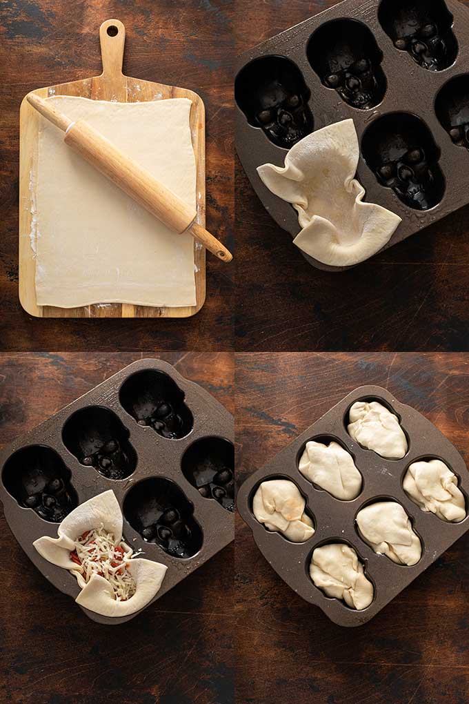 Step by step photos on how to make halloween pizza skulls.