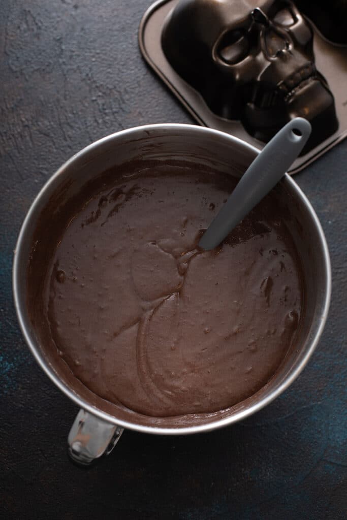chocolate cake mix on a mixing bowl