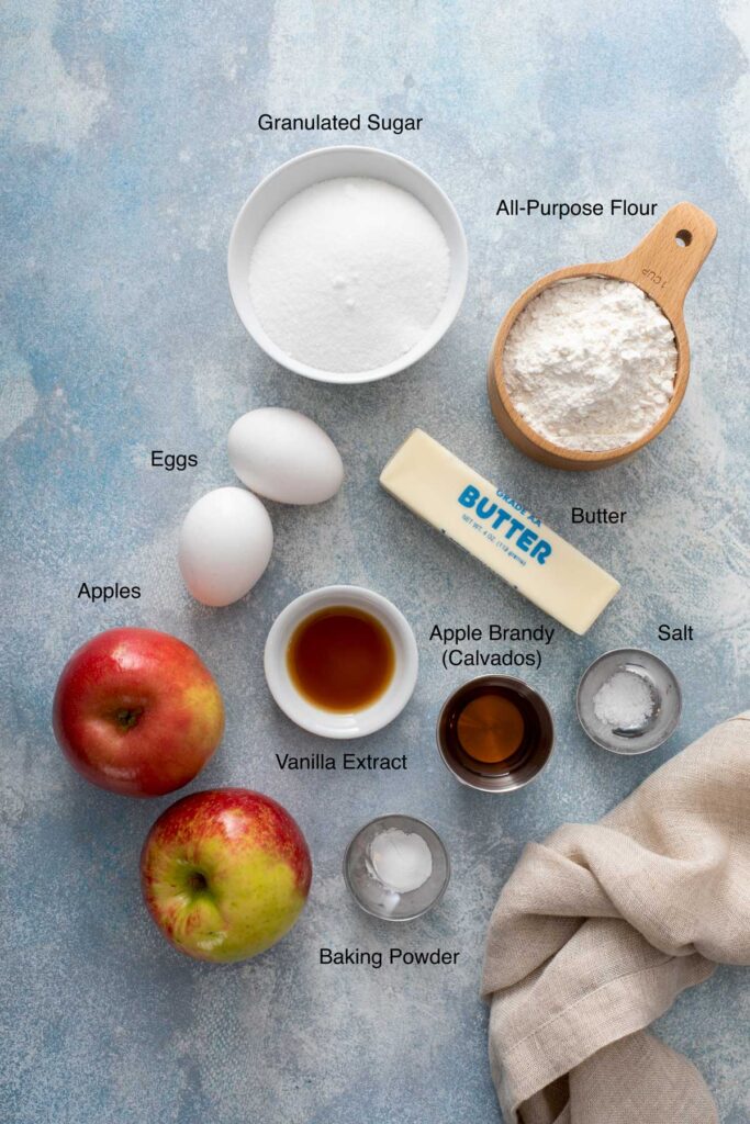 Ingredients needed to make French apple cake.