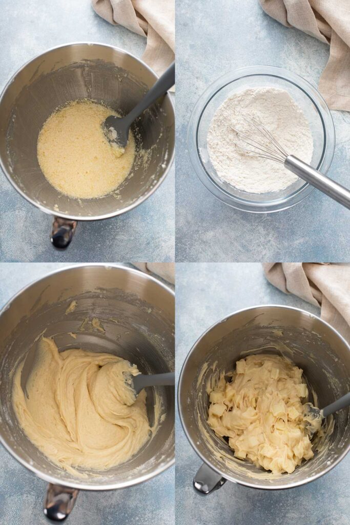 Collage of photos on how to make French apple cake step by step.