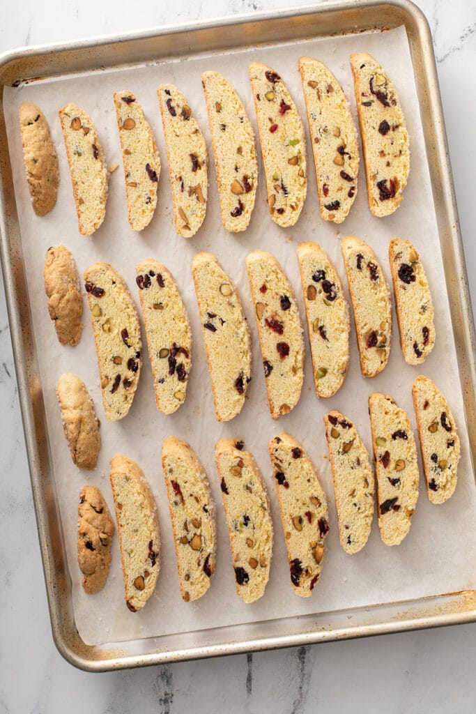 Sliced biscotti on a sheet pan