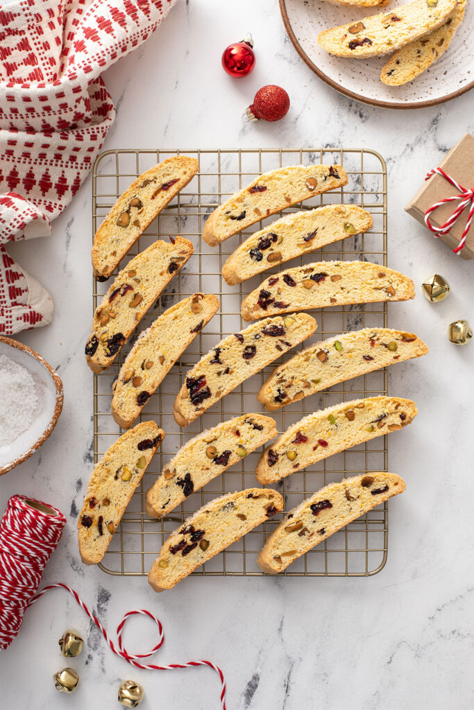 Cranberry Orange biscotti on a cooling rack.
